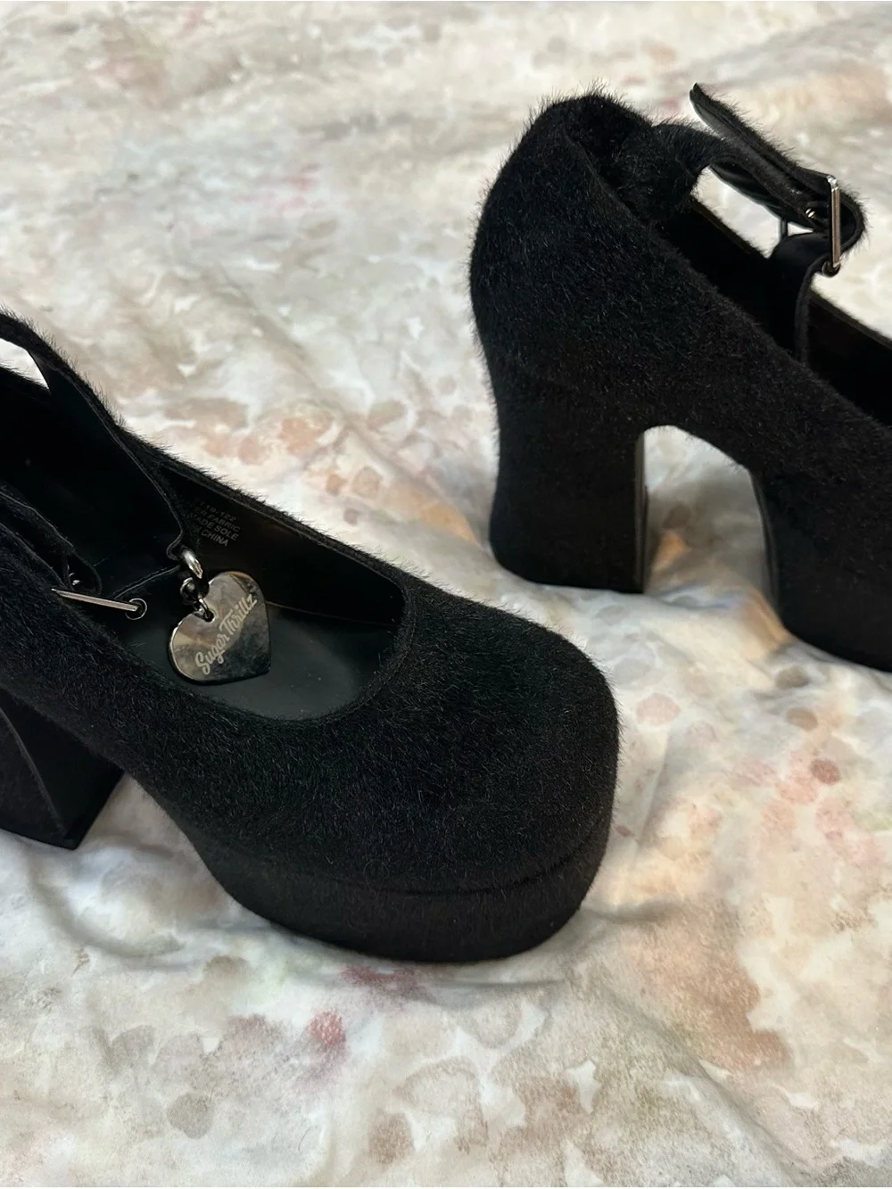 Sugar Thrillz Black Velvet Platform Ankle-Strap Heels with Heart Charm